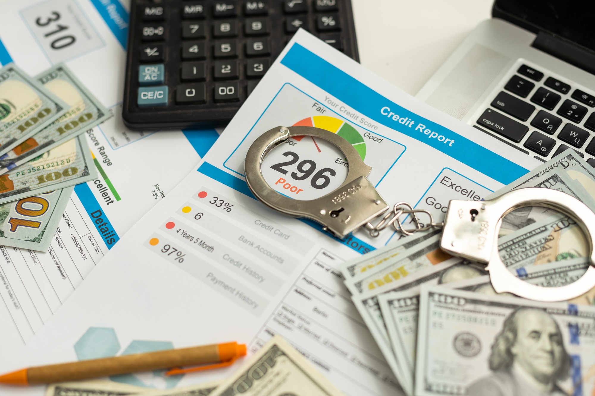 Credit report with score on a desk