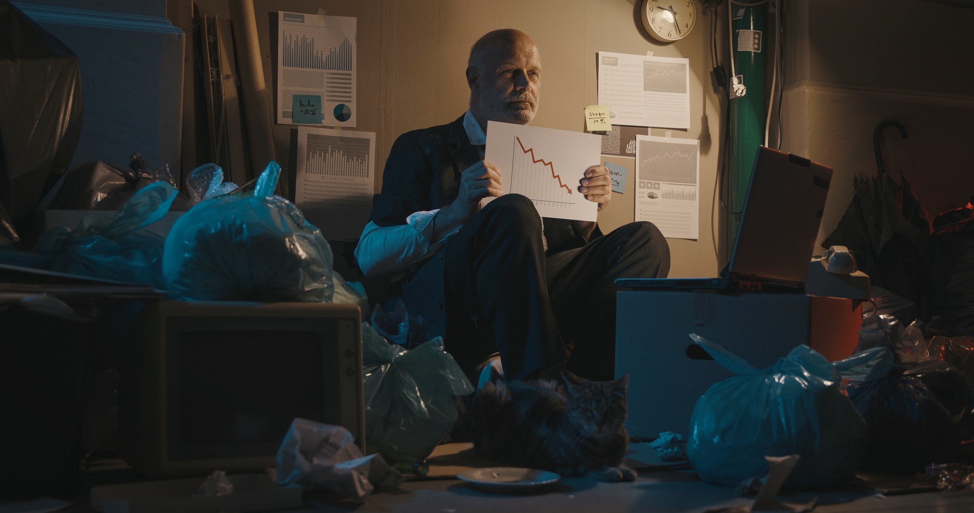 Homeless broke businessman showing a financial chart