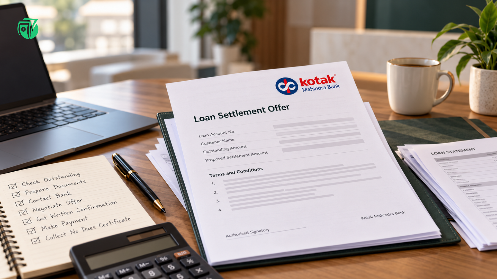 Kotak Mahindra Bank loan settlement offer letter with loan statement and settlement documents