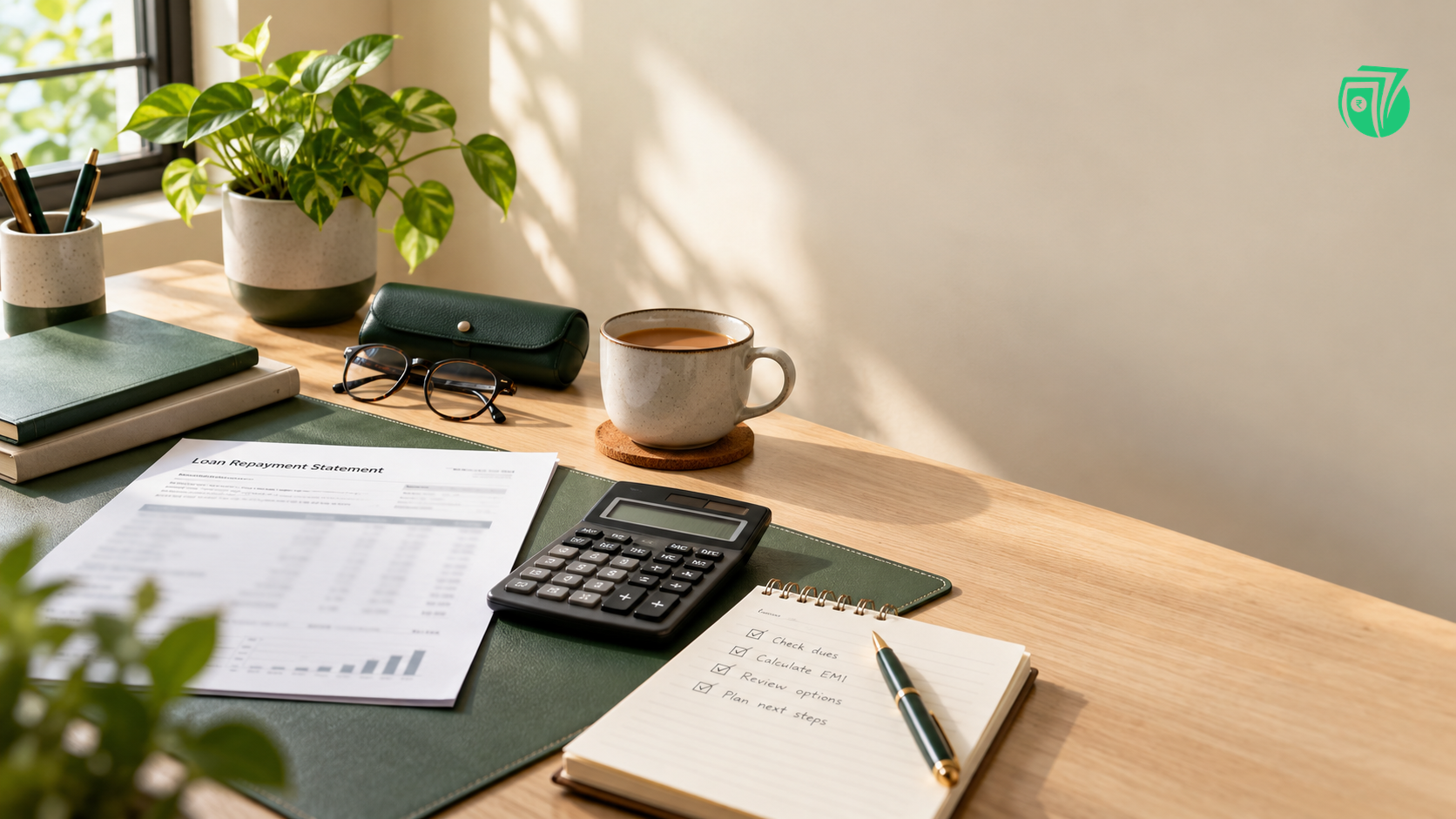 A tidy home-office desk with a loan repayment statement, calculator, handwritten financial checklist, green pen, cup of chai, and green folder in warm natural morning light, representing organised loan repayment planning and financial management.