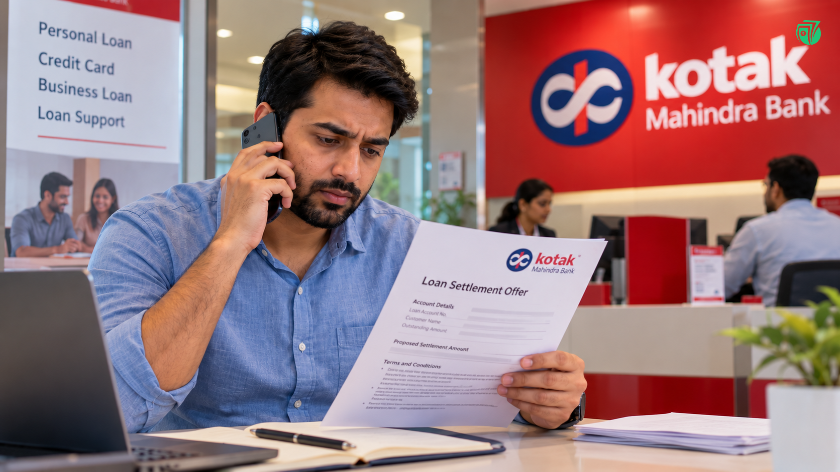 Indian borrower reviewing loan settlement documents at a bank branch.