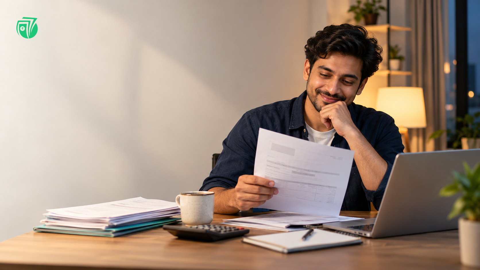 Young Indian man reviewing a bank loan letter at home with a laptop, calculator, and financial documents, feeling relieved and hopeful about managing his loan.